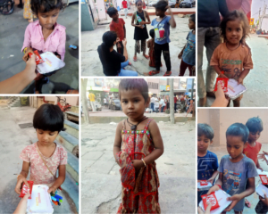 Collage of Aapke Saath Foundation volunteers celebrating Raksha Bandhan with underprivileged children, showing their rakhis, all happy and smiling.