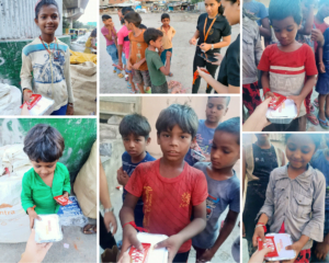 Collage of Aapke Saath Foundation volunteers celebrating Raksha Bandhan with underprivileged children, showing their rakhis, all happy and smiling.