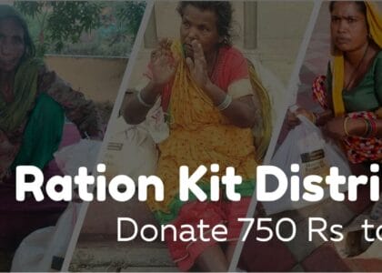 A collage of images showing women holding ration kits distributed by Aapke Saath Foundation. The banner reads 'Ration Kit Distribution - Donate 750 Rs to support.