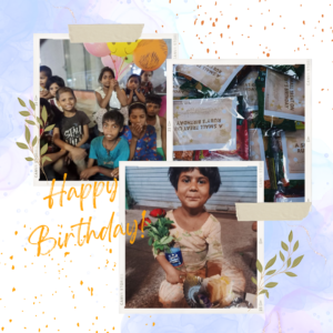 Collage of photos from a happy birthday cake distribution event, showcasing smiles and celebrations.