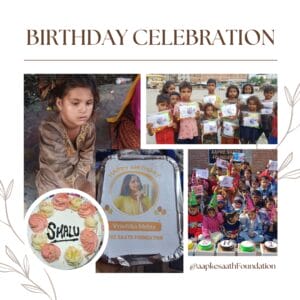 Collage of photos from a happy birthday cake distribution event, showcasing smiles and celebrations.