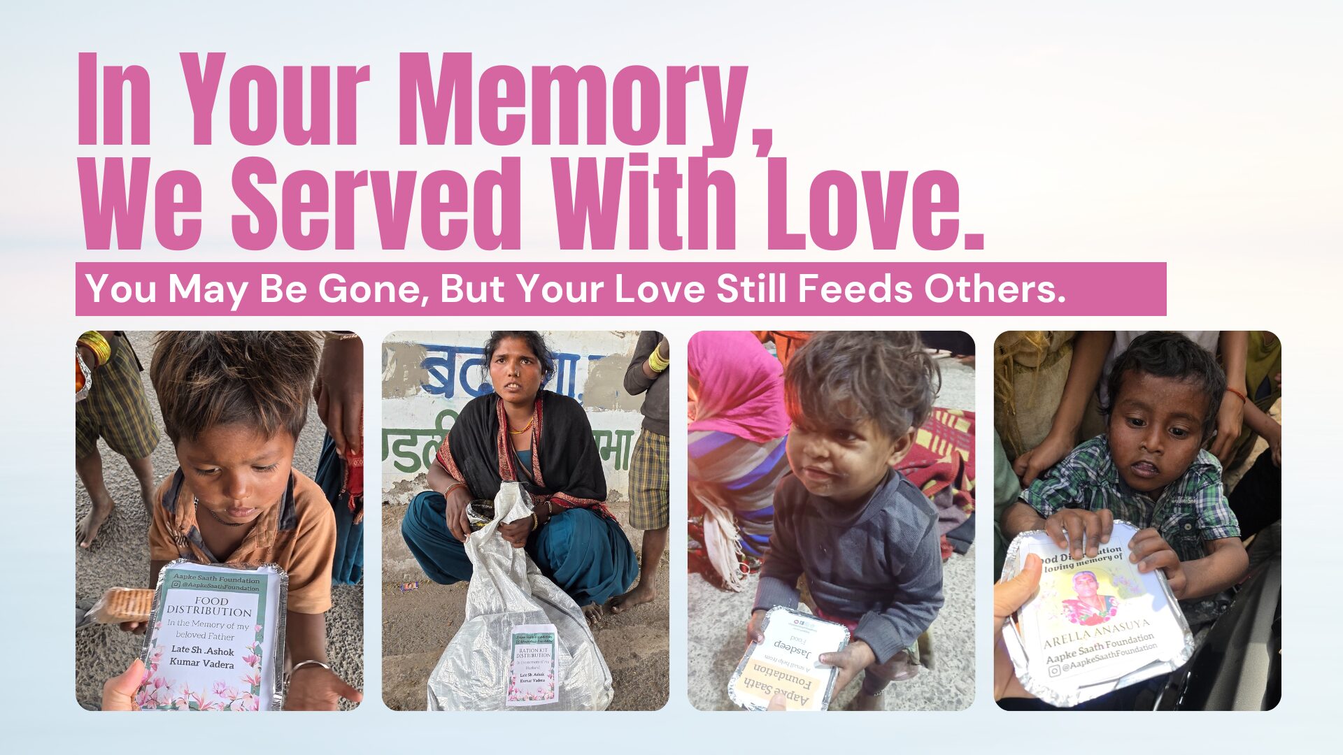 Food donation drive on memorial day by Aapke Saath Foundation — donate food in memory of loved ones, memorial day charity food distribution, feed the hungry in remembrance