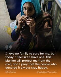 Volunteers carefully distribute blankets to elderly recipients, offering relief and warmth to those facing harsh winter conditions.