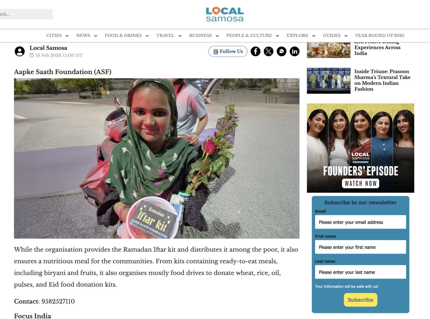 Media mention of Aapke Saath Foundation on Local Samosa website