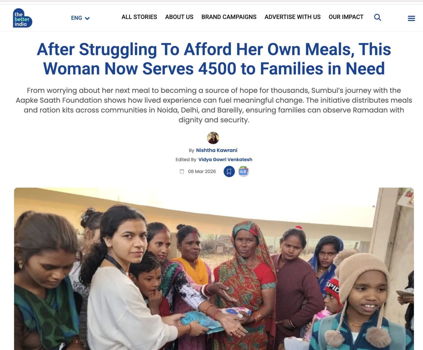 Aapke Saath Foundation featured on The Better India for NGO work in India