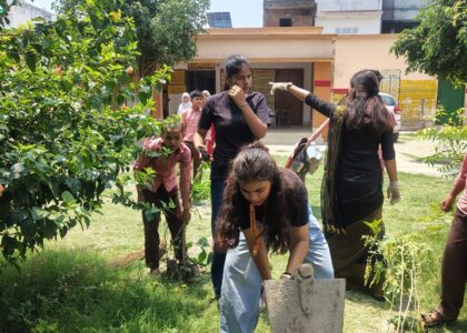 Students planting trees during a school plantation drive organized by Aapke Saath Foundation.